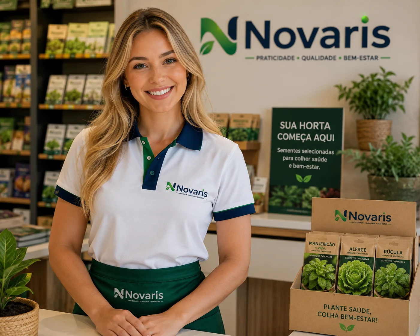 Atendente da loja Novaris com sementes selecionadas